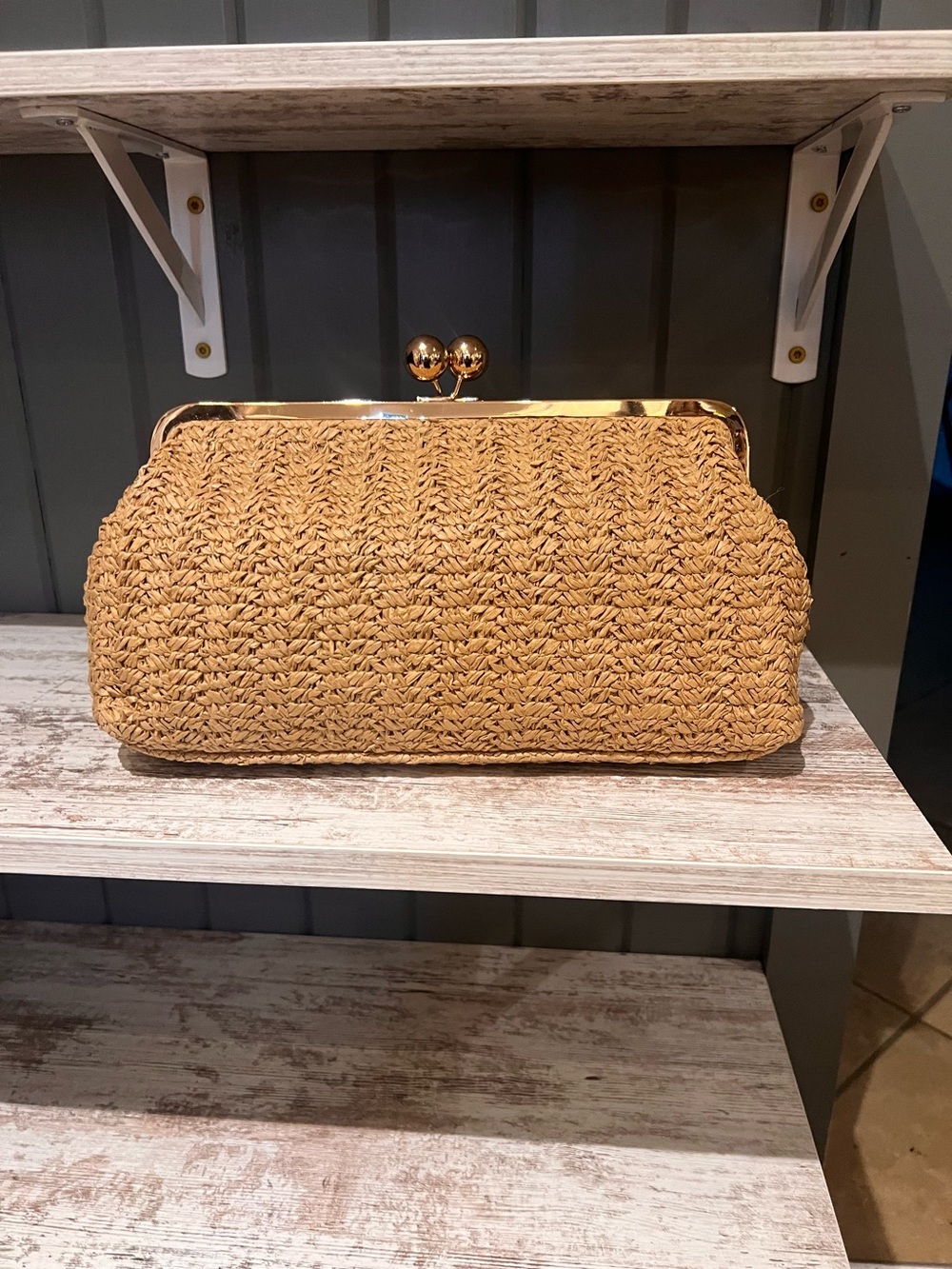 Woven Straw Clutch Bag with Gold Frame - Picture 2 of 3